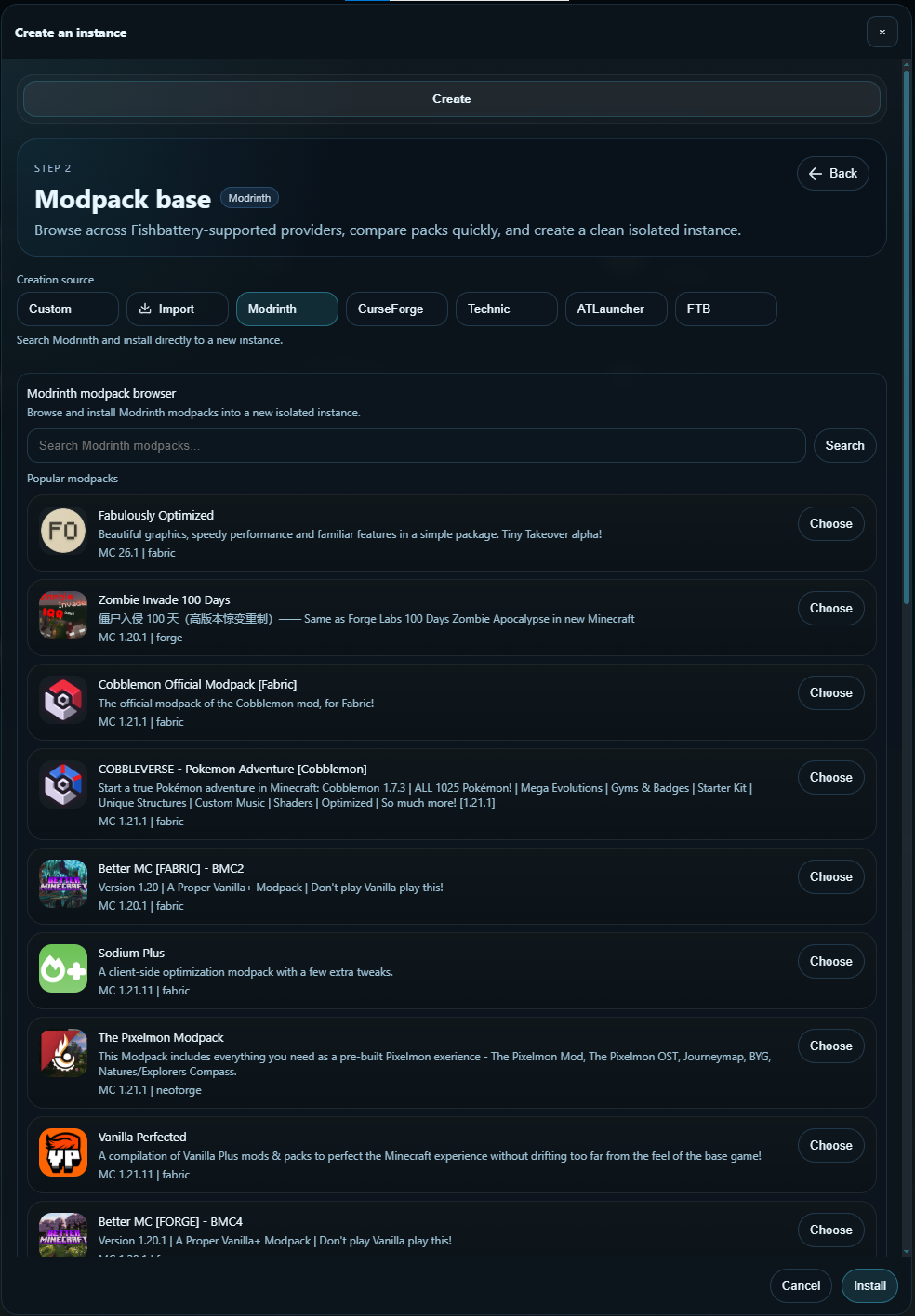 Create instance from Modrinth preview